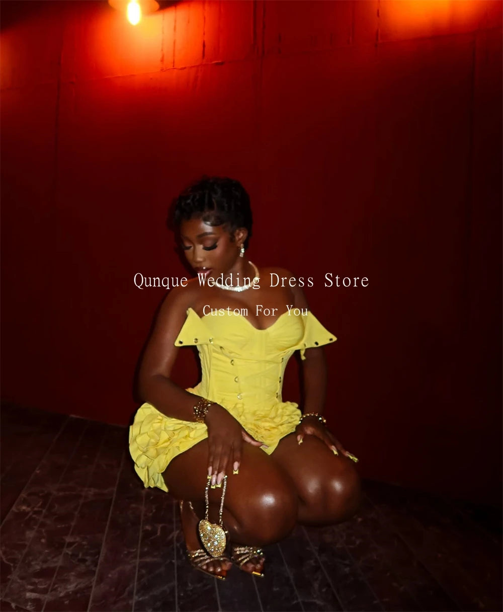 Qunque Yellow Birthday Dresses Black Girl Sweetheart Mini Prom Dresses Ruffles Wedding Party Dress Robes De Soirée Customized