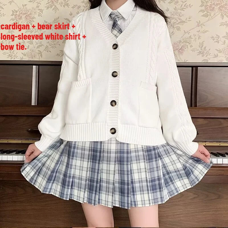 School Autumn Winter Lazy Style Japanese JK Knit Cardigan Loose College Sweater Plaid Skirt Matching Set For Campus Daily Class