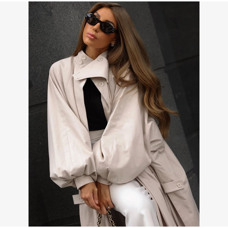 Women's Brown Stand Up Collar Long Long Trench Coat  Lantern Sleeve Side Slit Loose Windbreaker 2026 Spring Autumn Fashion Coat
