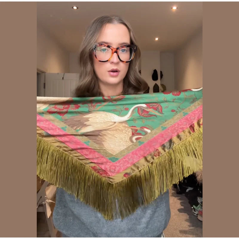 Tassel Floral Women ’s Scarf Large Square Silky Satin Scarf With Olive Fringe Trim Scarf Female 2026 Spring Woman Accessory