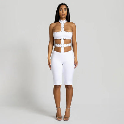 Sexy Halter Neck Cutout Bodycon Jumpsuit Women 2026 Summer Solid Studded Hollow Out Biker Short Romper Party Clubwear Outfits