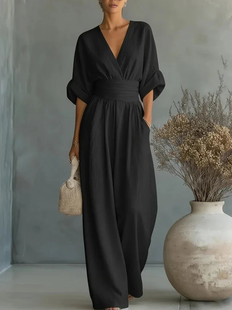 Women Elegant Linen V Neck Short Sleeve Jumpsuit Waist Cinched Wide Leg Long Pants Rompers with Pockets Casual Ladies Overalls
