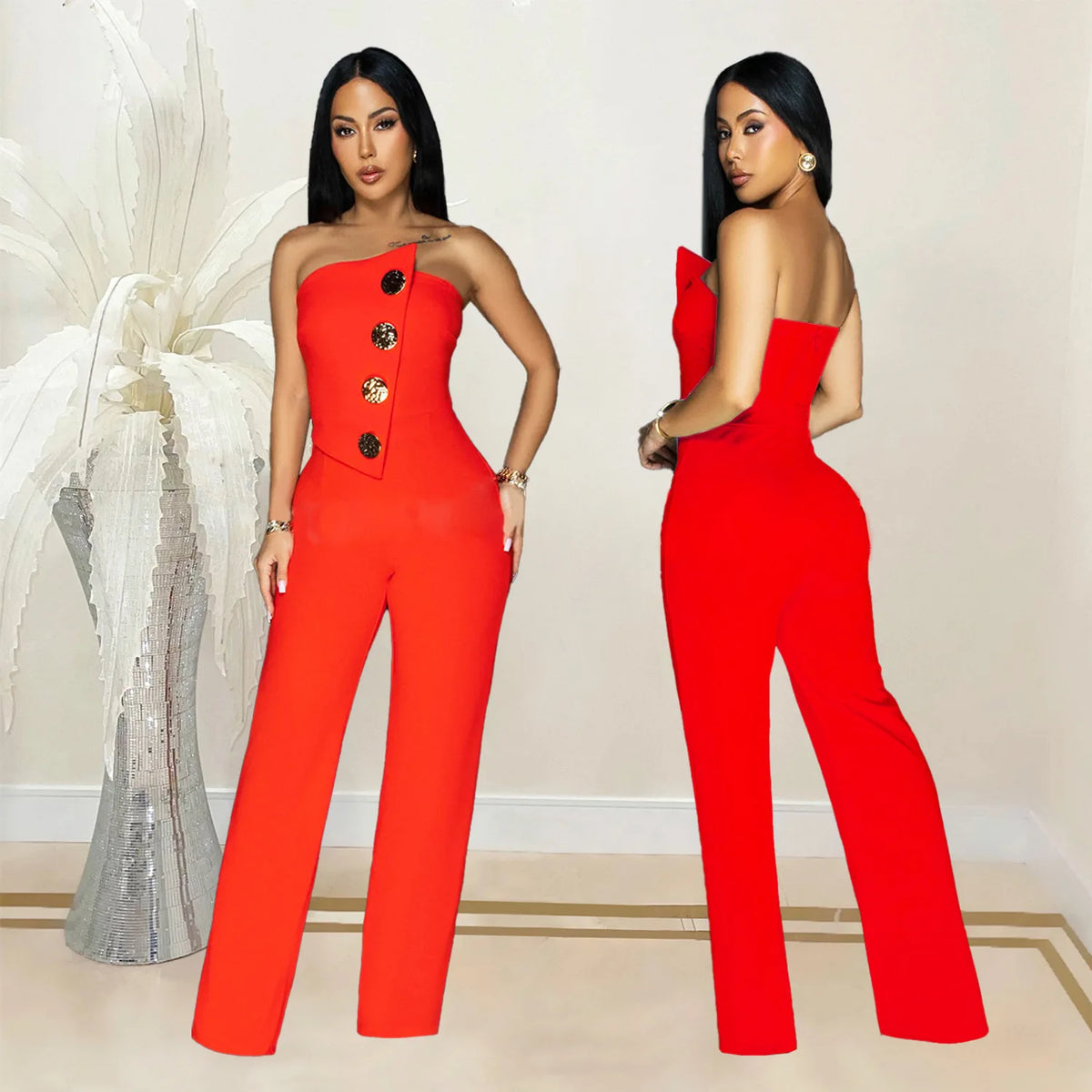 Sexy Backless Strapless Jumpsuit Summer Women Fashion Solid Button Sleeveless Slim Fit Wrap Hip Jumpsuits Elegant Office Romper