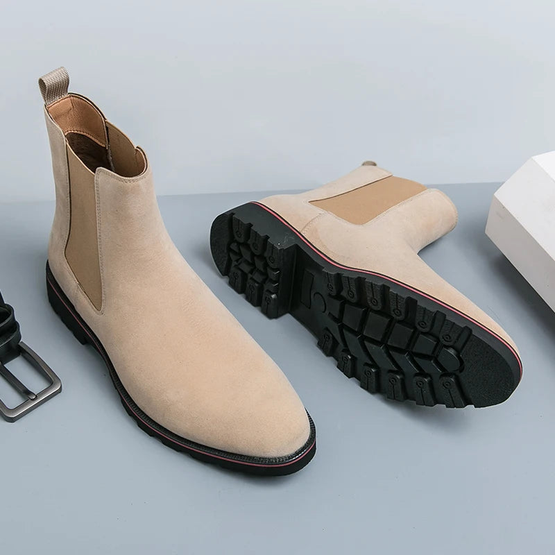 New Brown Men Chelsea Boots Flock Rivet Square Toe Red Sole Punk Handmade Men Short Boots  Bottes Pour Hommes
