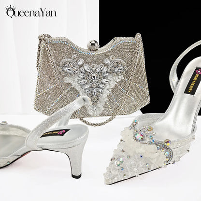Queena Yan New Arrival Purple Color Rhinestone Decoration Design Party Wedding Lady Pointed Toe High Heels and Bag Set