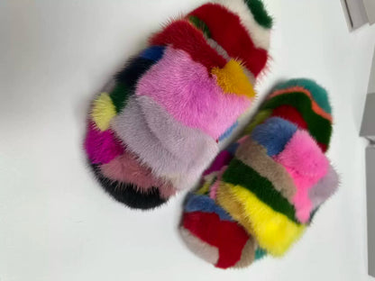 Winter Women'S Slippers Home Plush Woman Shoes Indoor Mink Fur Patchwork Color Slippers Irregular Random Seven Color Slippers