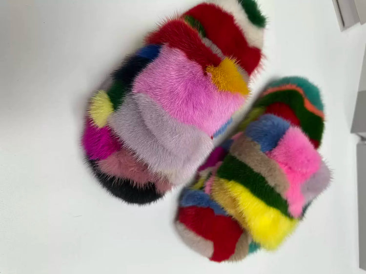 Winter Women'S Slippers Home Plush Woman Shoes Indoor Mink Fur Patchwork Color Slippers Irregular Random Seven Color Slippers