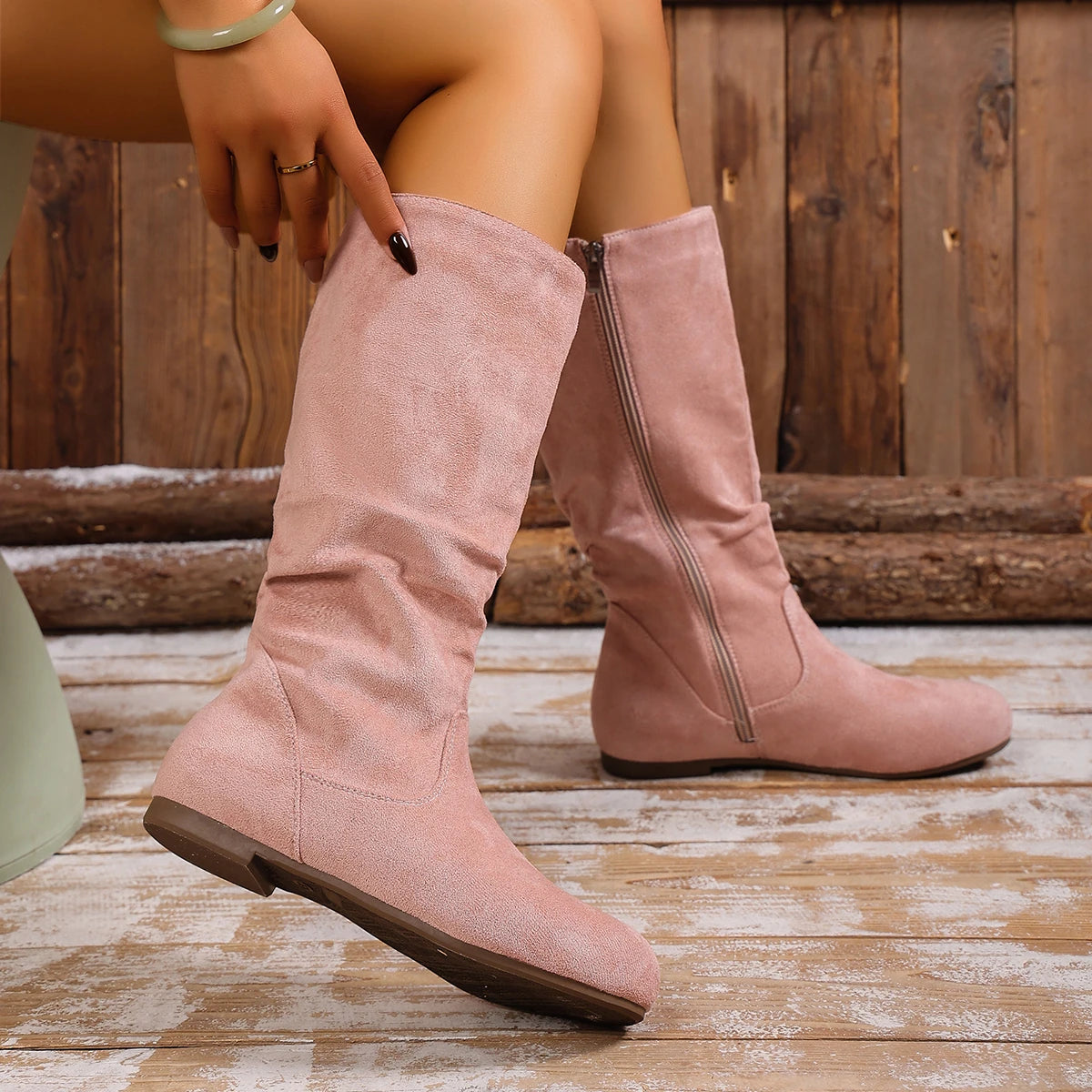 Hot Sale Womens Boots Side Zip Mid Calf Boots Trend Suede Women Flat Boots Luxury Plus Size Women Shoes High Quality Botas Mujer