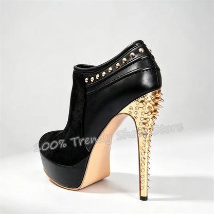 Gold Spikes Rivet Stiletto High Heel Ankle Boots Women Platform Faux Suede Patchwork Side Zipper Short Boots Plus Size 34-46