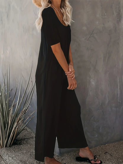 Plus Size 0XL-5XL Summer Rompers Overalls Women's Solid Color Jumpsuit with Pockets Casual Fashion Short Sleeve Jumpsuits