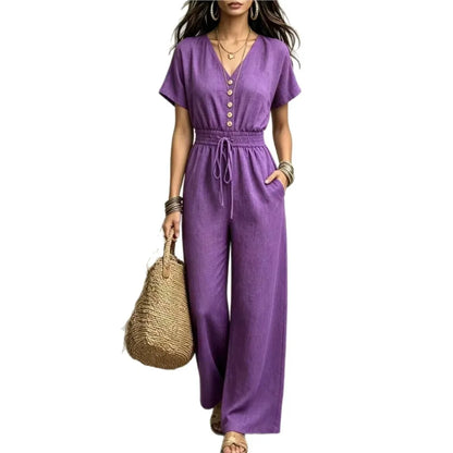 Elegant Women V-neck Buttons Jumpsuits summer solid short sleeve Drawstring wide leg Jumpsuit casual commuting Slim Rompers