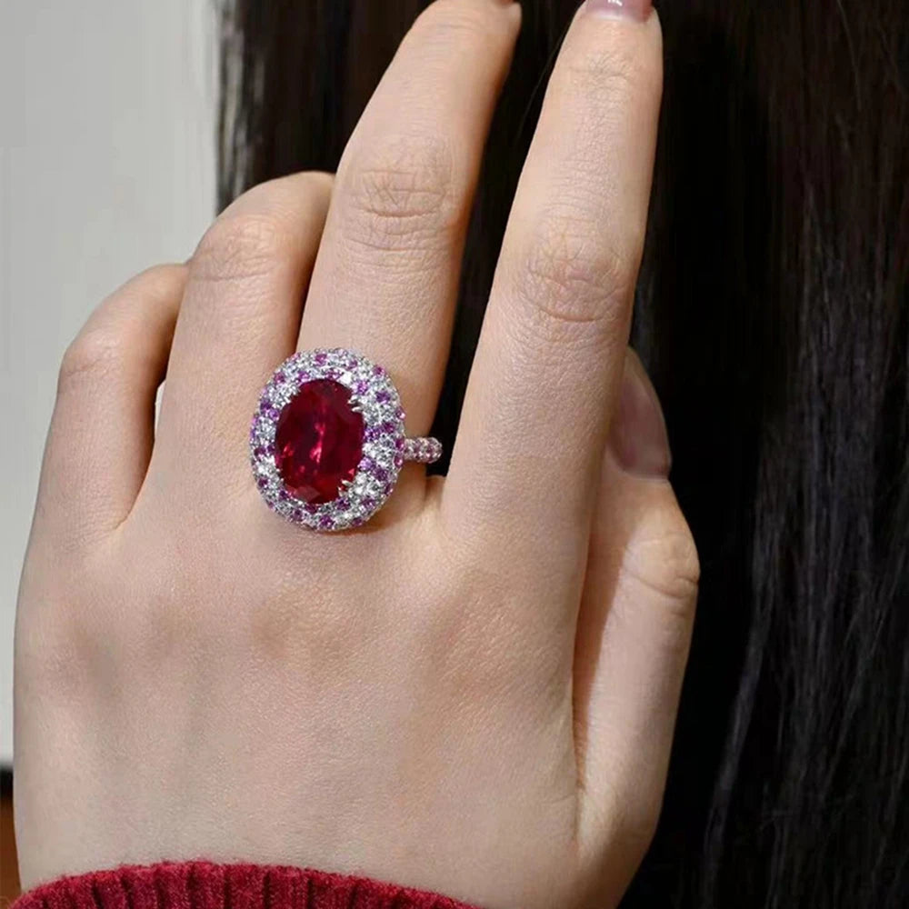 Wong Rain Luxury 925 Sterling Silver Oval Cut 8*12 MM Ruby High Carbon Diamond Gems Ring for Women Fine Jewelry Anniversary Gift