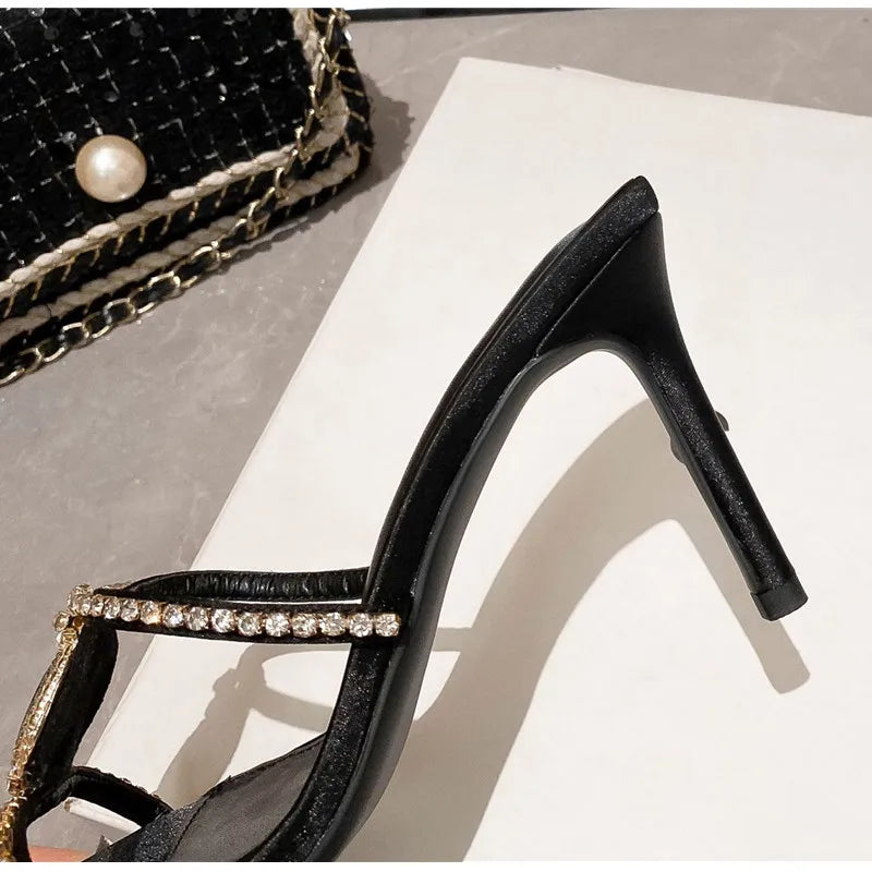 Luxury Rhinestones Gem Narrow band Women Slipper Sandals Elegant Pointed toe Thin High heels Mules Slides Fashion Party Shoes
