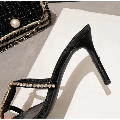 Luxury Rhinestones Gem Narrow band Women Slipper Sandals Elegant Pointed toe Thin High heels Mules Slides Fashion Party Shoes