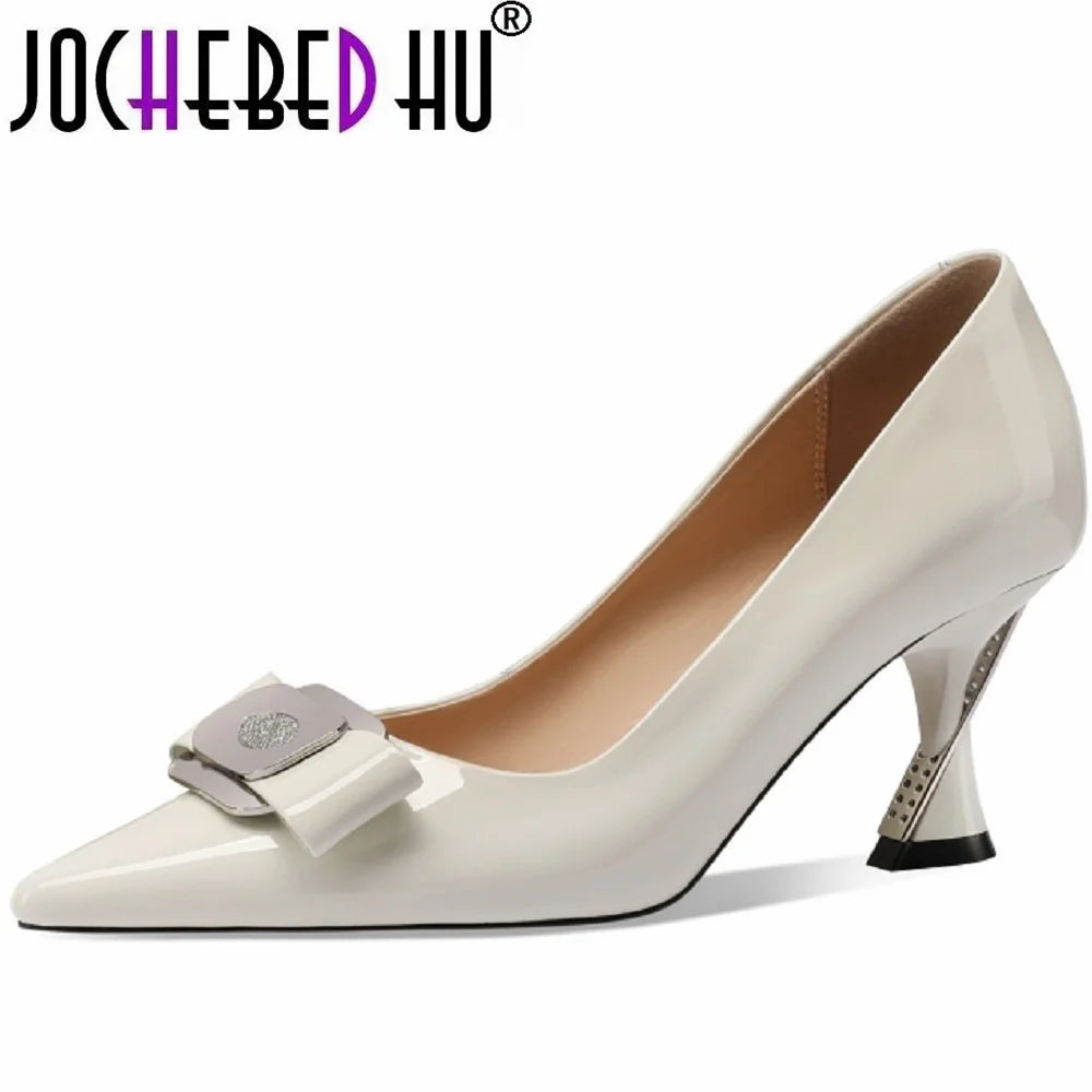 【JOCHEBED HU】Women Genuine Leather Pumps Deer Party Wedding Stiletto Office Pointed Toe Fashion High Heels Leather Shoes 33-43
