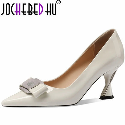 【JOCHEBED HU】Women Genuine Leather Pumps Deer Party Wedding Stiletto Office Pointed Toe Fashion High Heels Leather Shoes 33-43