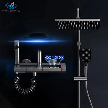 Grey Piano Button Ambient Light Bathroom Shower Full Set Digital Display Shower System Sets Rain Faucets Shower Head