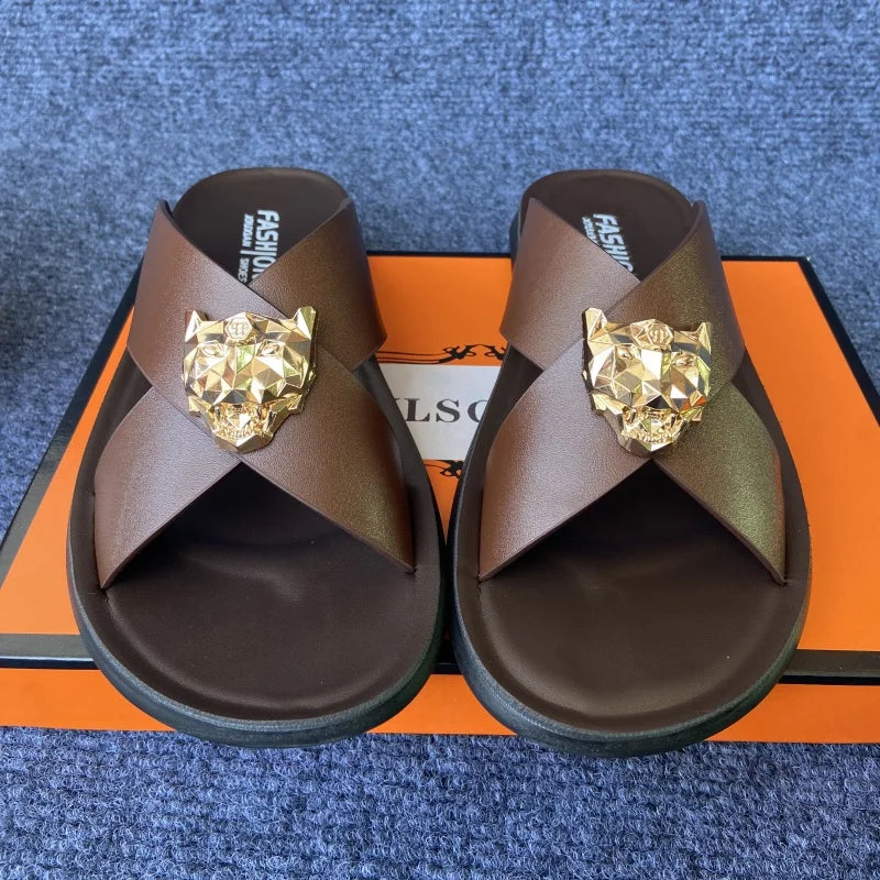 size38-48 original shoes brand summer leather slides for man black brown fashion shoes for mens slippers business beach slippers