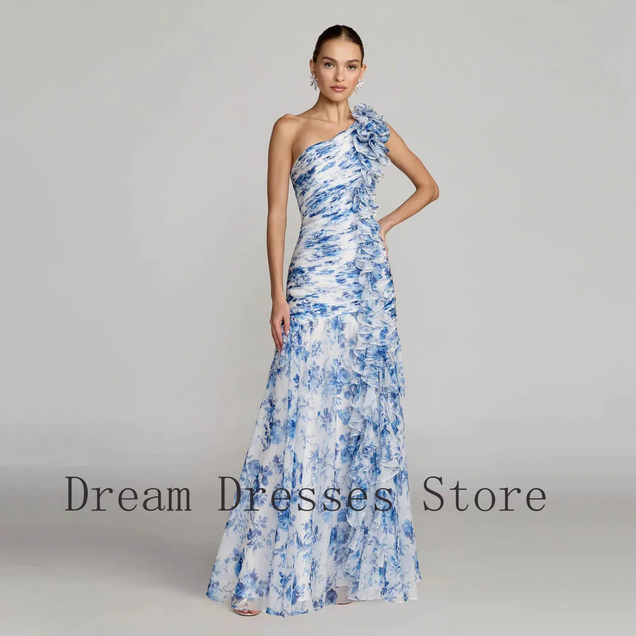 Customized Fashion Chiffon Ruffle Pleat A-line One-shoulder Long Dresses Bespoke Occasion Dresses Exquisite High quality Simple