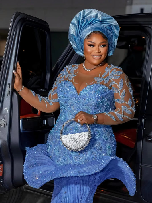 Blue Aso Ebi Long South African Prom Dresses For Black Girls Long Sleeves Pearls Nigerian Prom Gowns Evening Party Customized
