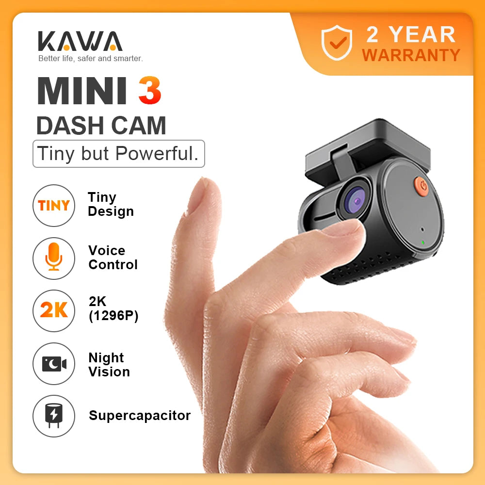 KAWA Dash Cam MINI 3 Voice Control Tiny 2K 1296P Colorful Night Vision 24H Parking Guard WIFI, G-sensor, Supercapacitor,Car DVR