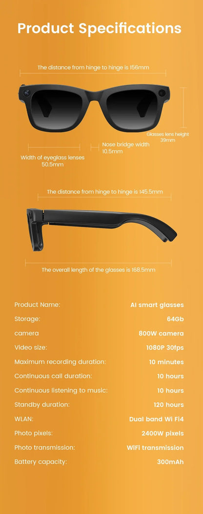 Smart Glasses with EIS Anti-shake 1080P Shooting Real-time Translation of Conversations Photos Long-lasting Music Smart Glasses