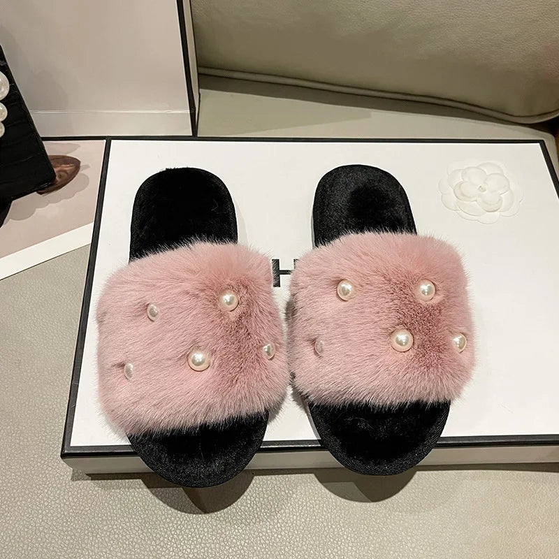 Perle Fluffy Slippers Home Winter Casual Designer Shoes Women 2025 New Luxury Indoor Plush Slides Girls Fashion Elegant Footwear