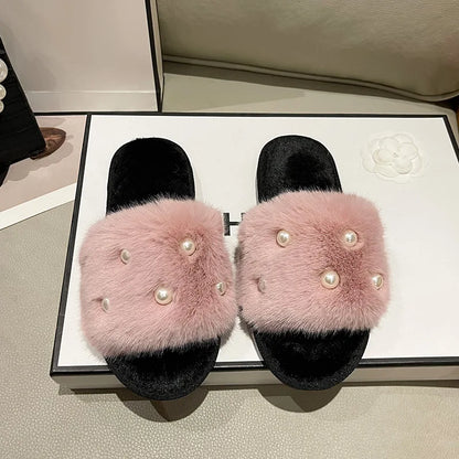 Perle Fluffy Slippers Home Winter Casual Designer Shoes Women 2025 New Luxury Indoor Plush Slides Girls Fashion Elegant Footwear