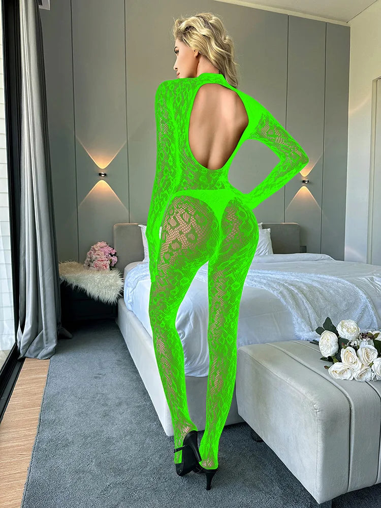 Toucheart Sexy Mesh Jumpsuit Women's Underwear Long-sleeved Jumpsuit Fishnet Top with Closed Crotch Perspective Sexy Jumpsuit