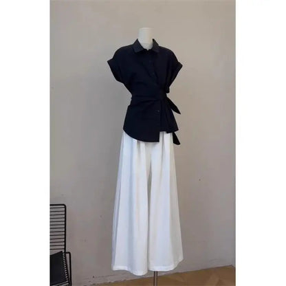 2026 New Women's Fashion Shirt And Pants Set Belted Loose Wide Leg Pants Thin Material Spring Autumn Wear High Waist Polyester