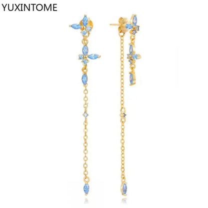 925 Sterling Silver Needle Light Blue Zircon Stud Earrings for Women Fashion Blue Enamel Pendant Earrings Luxury Jewelry Gifts