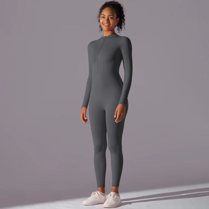 Solid Sports Jumpsuit Fashion Zipper Long Sleeve Fitness Overalls Women Sportswear Quick-dry Gym Yoga Jumpsuit