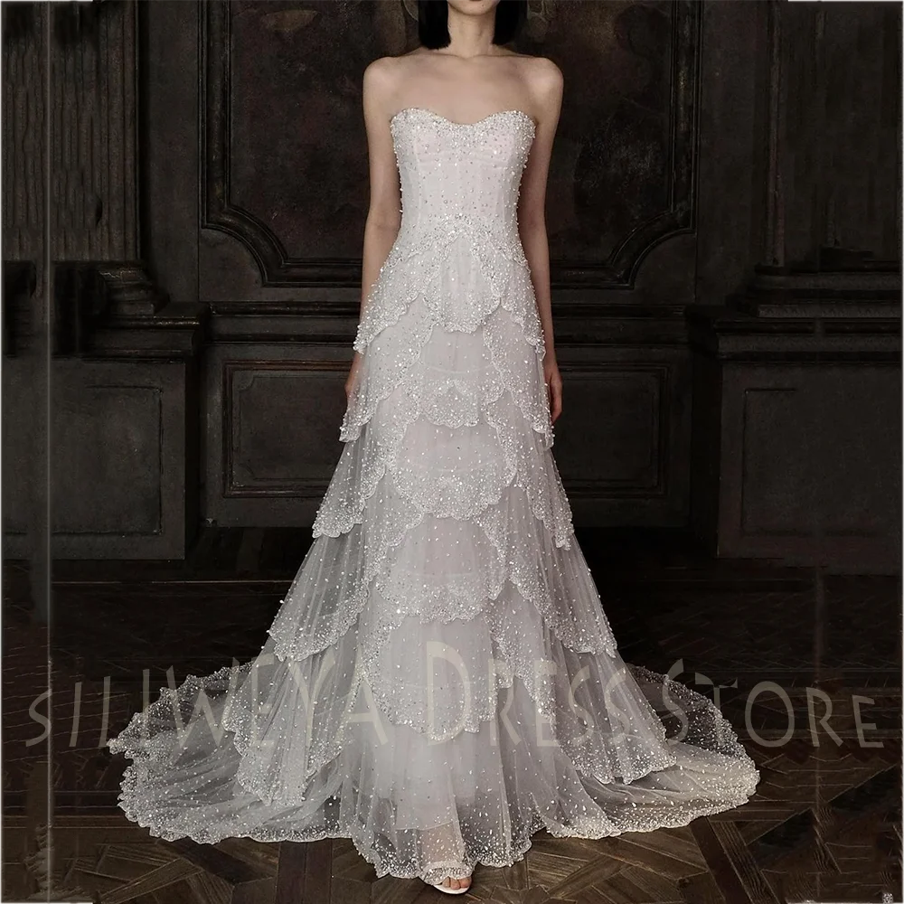 Chic Glamorous Beading Evening Dress Customized Tiered Strapless Sleeveless A-Line Long Dress Romantic Bride Wedding Gown