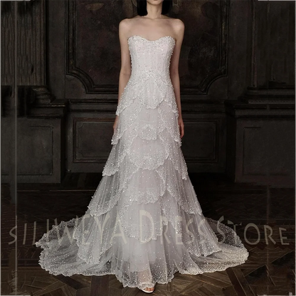 Chic Glamorous Beading Evening Dress Customized Tiered Strapless Sleeveless A-Line Long Dress Romantic Bride Wedding Gown