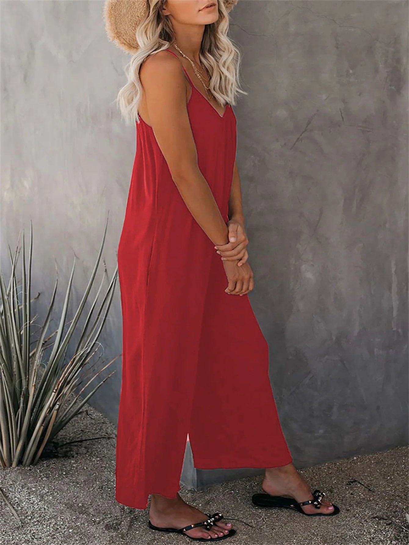 Strap jumpsuit for women's summer new cross-border solid color inserted bag casual jumpsuit