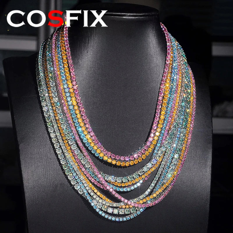 Hiphop 3-4mm Golden Yellow Moissanite Tennis Chain Bracelet Necklace S925 Silver Blue Moissanite Tennis Mecklace