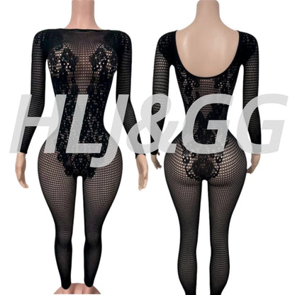 HLJ&GG Black Sexy High Quality Stretchy Knit See Though Bodycon One Piece Jumpsuits Women Long Sleeve Slim Playsuits Streetwear