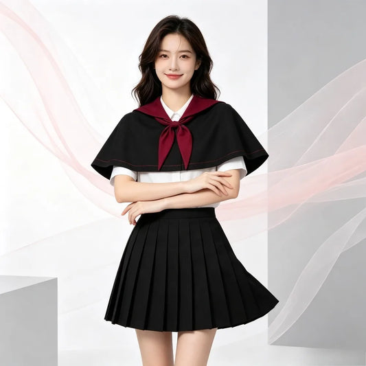 JK Three Piece School Uniform Korean Loose Cute Cape Shirt Pleated Skirt For Female Student Daily Campus Halloween Cosplay