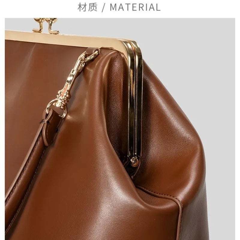 2026 Retro Leather & Straw Woven Bag – Kiss Lock Frame Shell Clutch, Large Capacity Shoulder Tote for Commute Beach Evening
