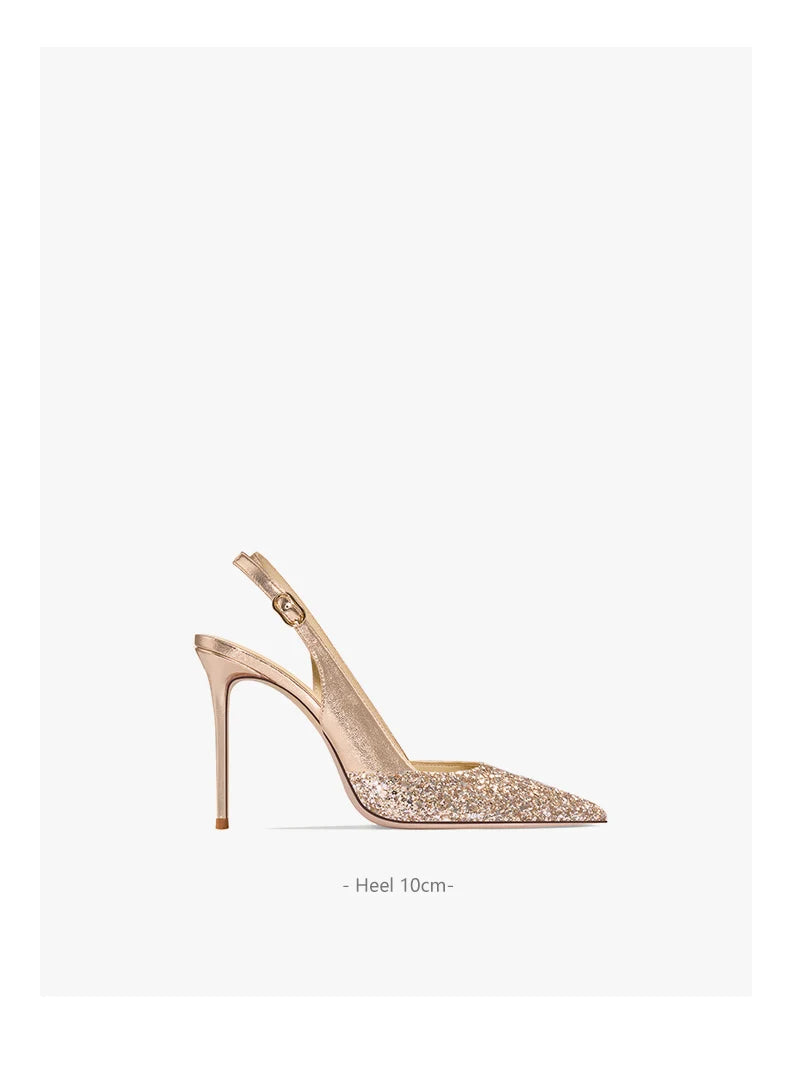 2025 New Summer Luxury Heeled Sandals Gold Sequins Back Strap Pointed Toe Stiletto Pumps Elegant Comfortable Prom Women's Shoes