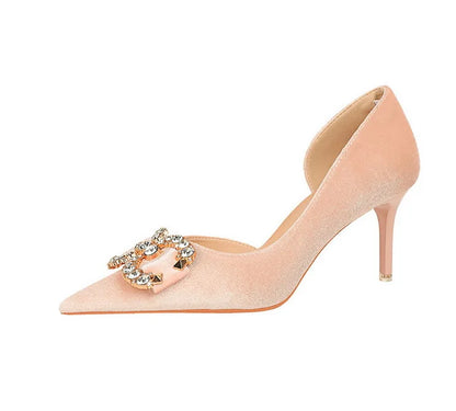 BIGTREE Party Pumps 7cm Thin High Heels Western Style Velvet Shallow Pointed Toe Side Hollow Crystal Pearl Bow Lady Shoes Pink