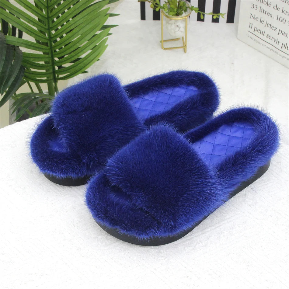 2026 Women Real Mink Fur Slippers Indoor Outdoor Luxury Shoes For Women Comfort Platform Fluffy Slipper Slides For Woman Summer