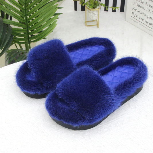 2026 Women Real Mink Fur Slippers Indoor Outdoor Luxury Shoes For Women Comfort Platform Fluffy Slipper Slides For Woman Summer