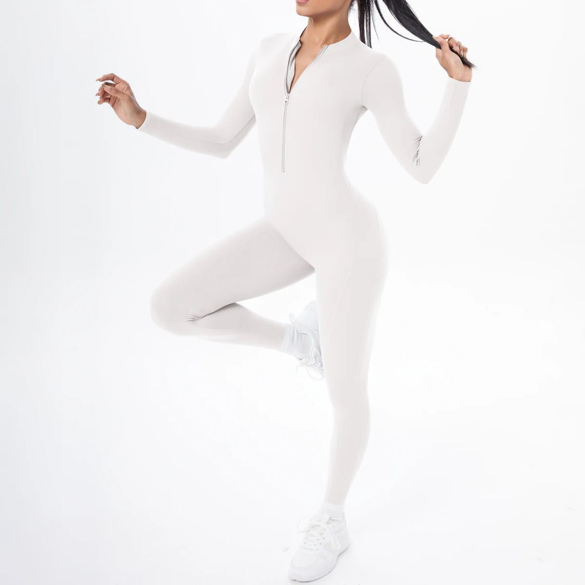 Solid Color Bodysuits for Woman's Backless Long Sleeved Zipper Yoga Jumpsuits High Dtrength Workout Sports Fitness Clothing Set