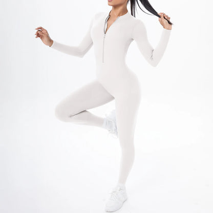 Solid Color Bodysuits for Woman's Backless Long Sleeved Zipper Yoga Jumpsuits High Dtrength Workout Sports Fitness Clothing Set