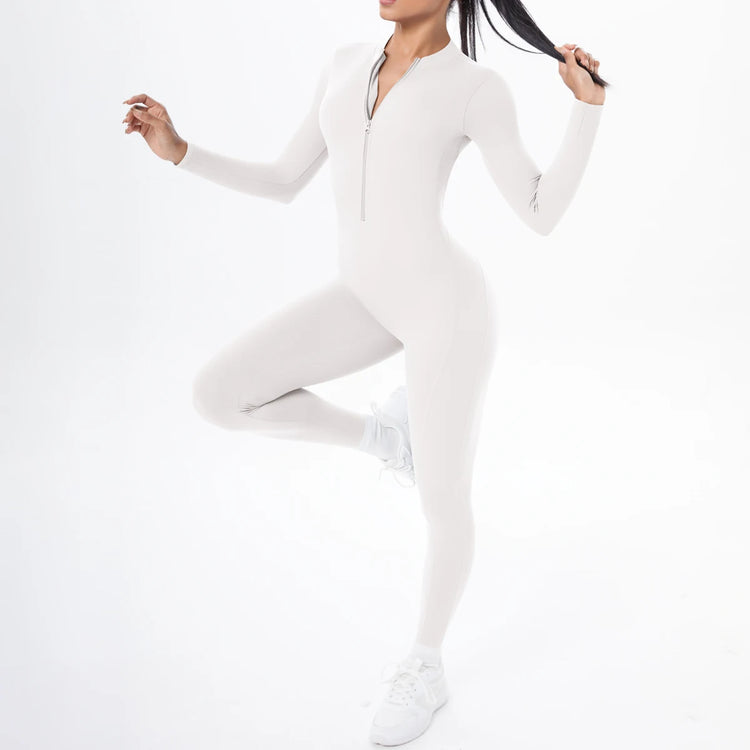 Solid Color Bodysuits for Woman's Backless Long Sleeved Zipper Yoga Jumpsuits High Dtrength Workout Sports Fitness Clothing Set