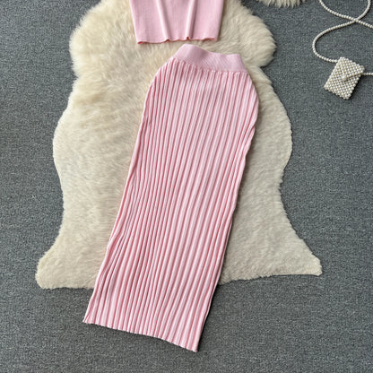SINGREINY Casual Two Piece Sets Women Summer O Neck Top Elastic Waist Long Skirt Fashion Office Lady Korean Knit Suit