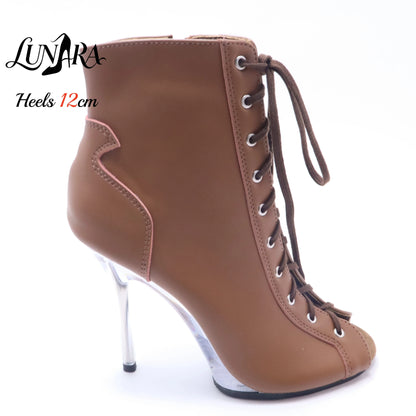12cm/5Inch Plus size Beige PU Leather Lace-up Side zipper Peep toe High Stilettos Ankle boot Pole dancing Nightclub Rave Parties