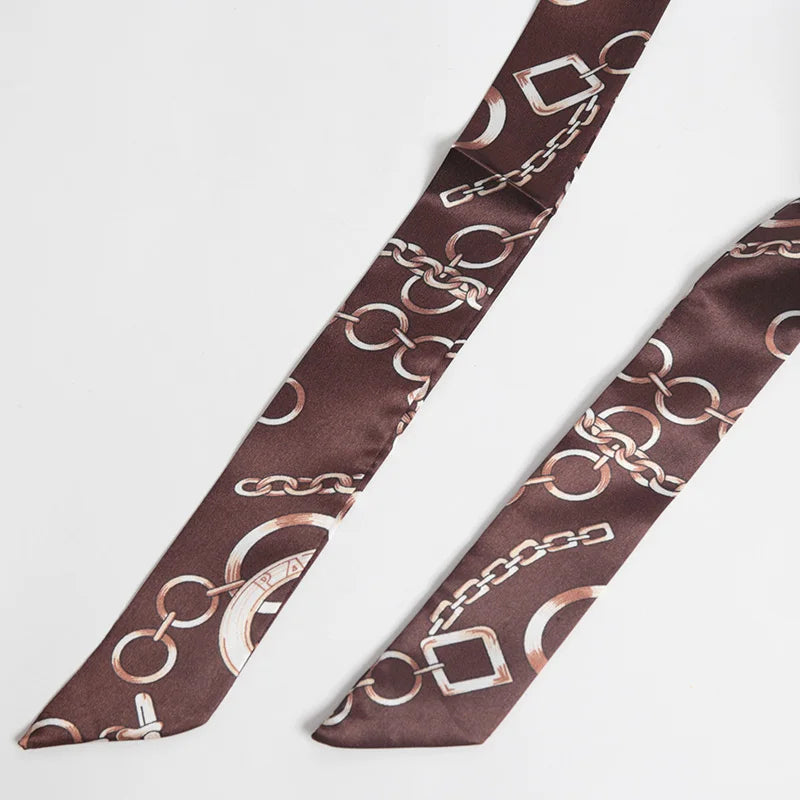 Women Print Flower Small Scarf Handle Bag Ribbons Fashion Head Scarf Small Long Skinny Scarves Headbands Tie Accessories