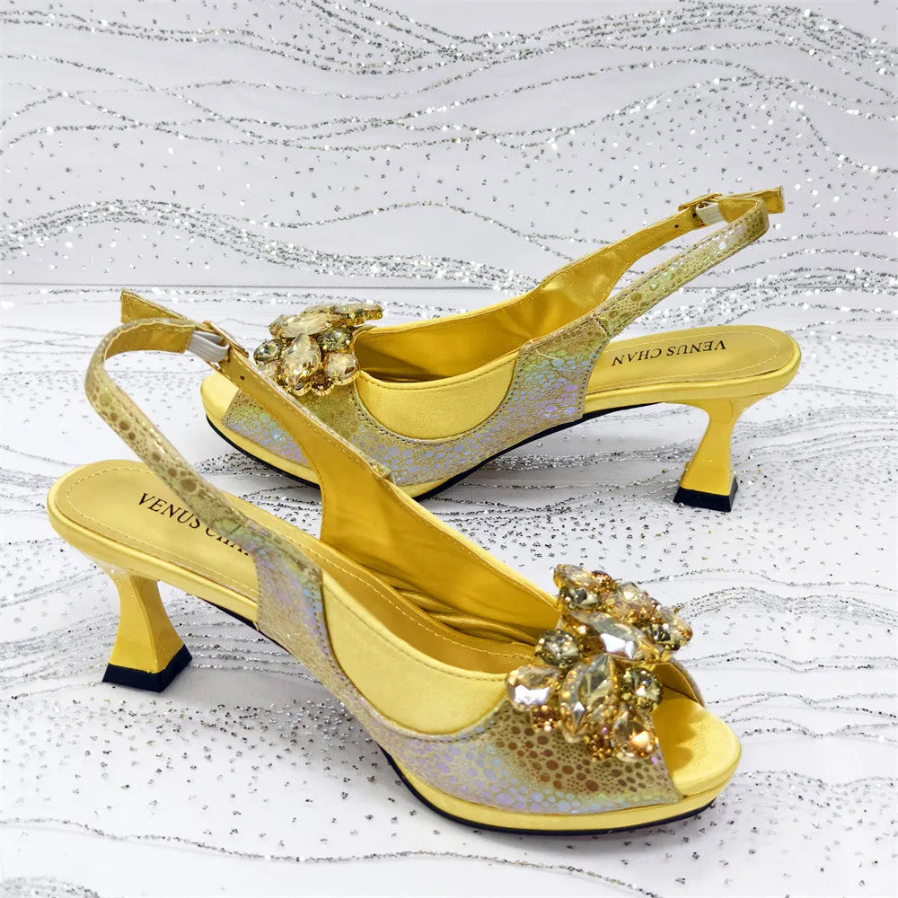 Elegant Orange Color 2025 Rhinestone High-Heels Shoes & Handbag Set – Luxury Wedding & Party Accessories